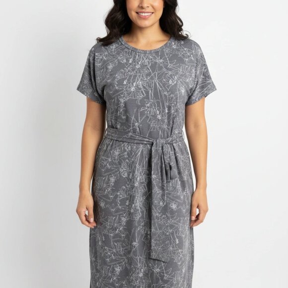 LuLaRoe Gray/Purple Printed Midi Dress — Short Sleeve Belted Style - Picture 4 of 6
